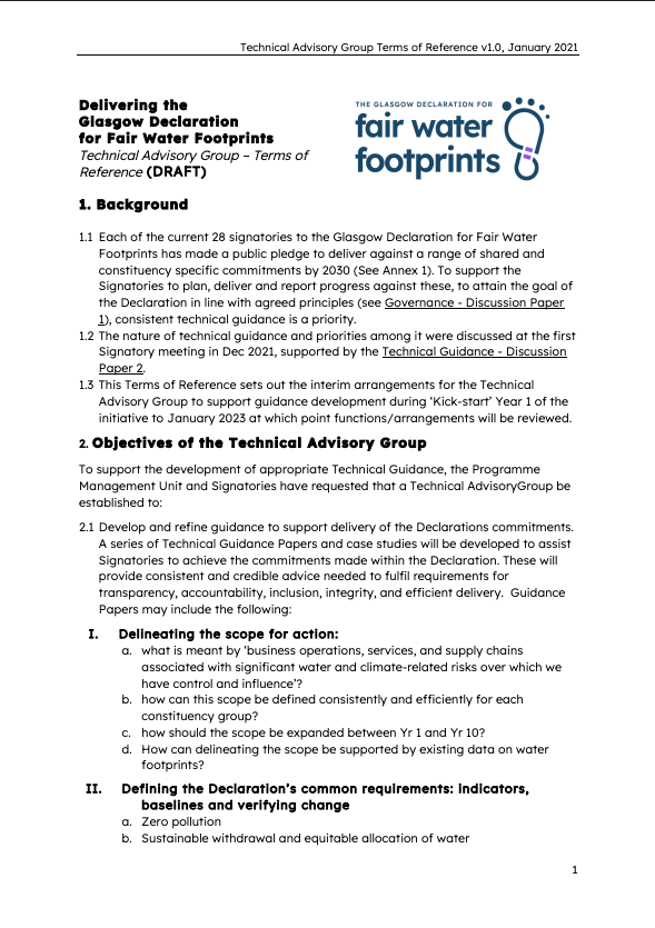 Delivering the Glasgow Declaration for Fair Water Footprints Technical Advisory Group – Terms of Reference
