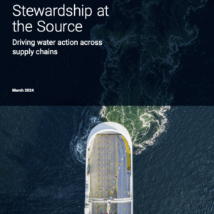 Text: CDP Stewardship at the Source Driving water action across supply chains Global Water Report 2023 Image: Vehicle ferry in water from above